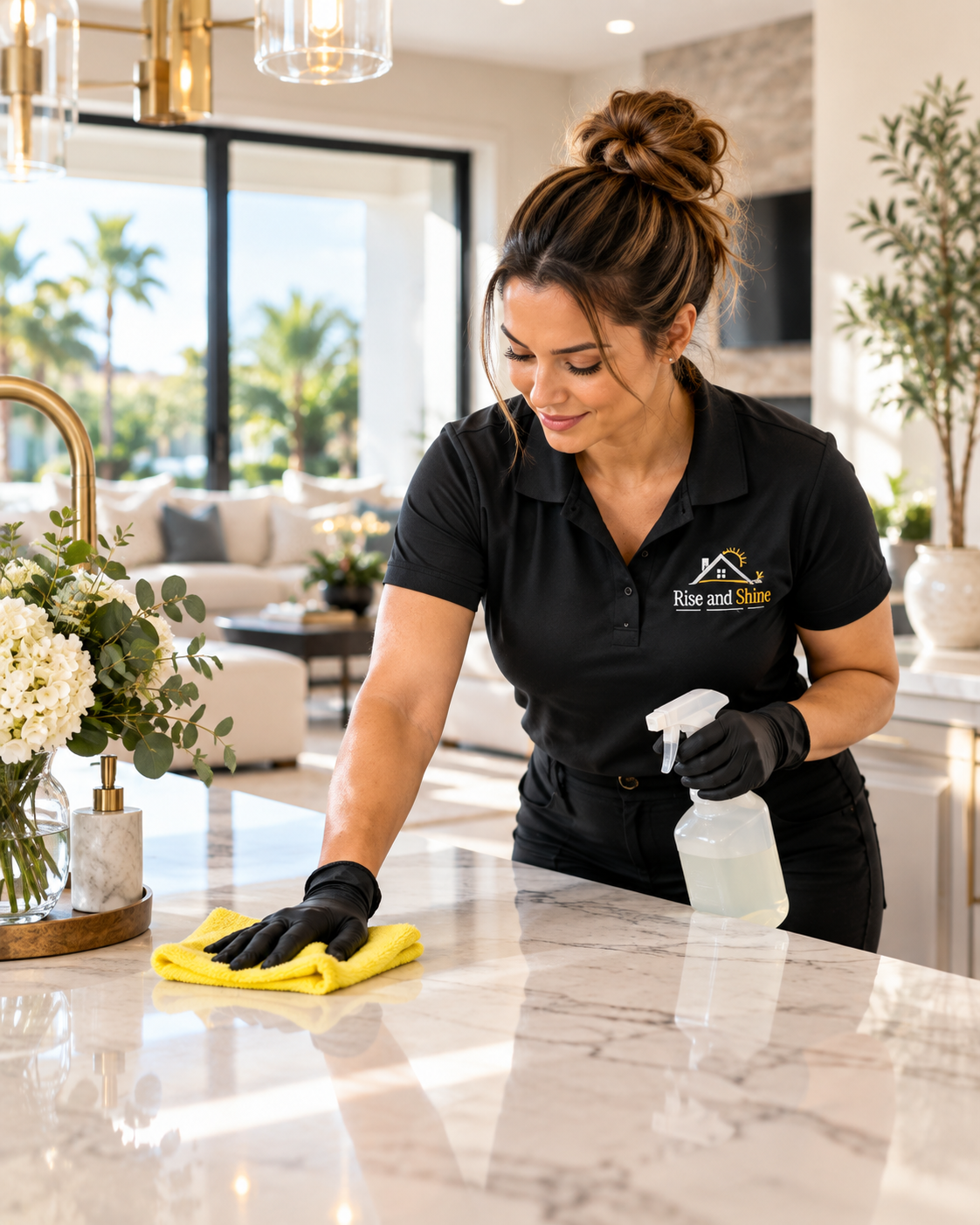 Rise and Shine cleaner wiping a marble kitchen island