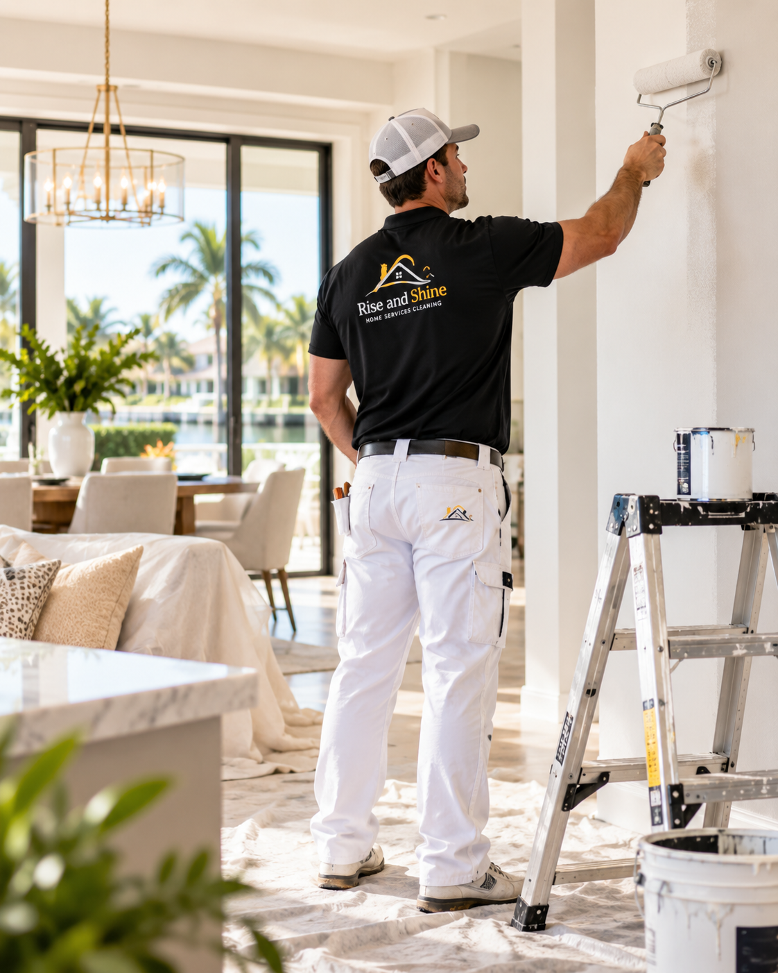 Rise and Shine painter rolling a white interior wall